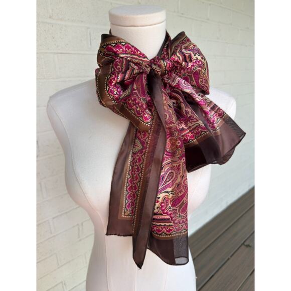 Vintage Scarf Brown Magenta Paisley Print Boho Chic Neck Wrap Rectangular Fall - Picture 1 of 7